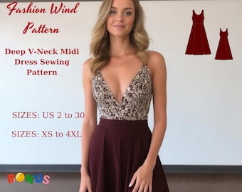 Molde de vestido midi com decote em V profundo: tamanho EUA 2-30 (download digital)