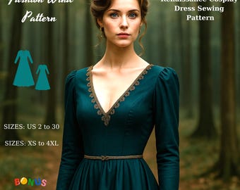 May include: A teal Renaissance cosplay dress with a V-neckline, long sleeves, and a gold-colored trim. The dress has a fitted bodice and a flowing skirt, with a matching belt. The image includes text that says "Fashion Wind Pattern" and "Renaissance Cosplay Dress Sewing Pattern."