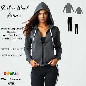 May include: A woman wearing a dark gray zippered hoodie and black track pants. The hoodie has a white drawstring and a zipper closure. The image includes text that reads "Fashion Wind Pattern" and "Women Zippered Hoodie and Tracksuit Sewing Pattern."