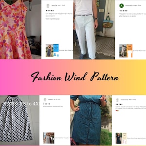 May include: A collection of fashion items, including a floral print dress, white pants, and a polka dot skirt. The image also features customer reviews and the text "Fashion Wind Pattern."