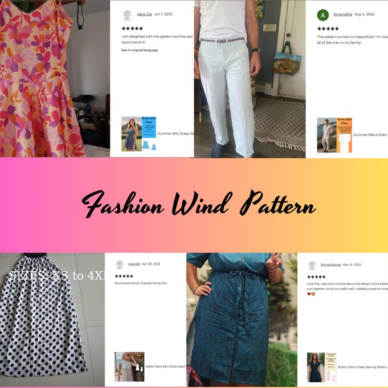 May include: A collection of fashion items, including a floral print dress, white pants, and a polka dot skirt. The image also features customer reviews and the text "Fashion Wind Pattern."