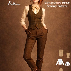 May include: An Edwardian Cottagecore dress sewing pattern. The image shows a woman in a brown tweed vest, matching trousers, and a cap. The outfit includes a white shirt and brown leather boots. Text on the image reads "Fashion Wind Pattern" and "Bonus Plus Suprice Gift."