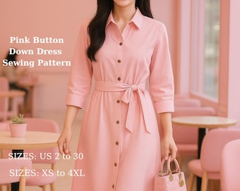 Pink Button-Down Shirt Dress Sewing Pattern: Classic Midi (XS-4XL) (Digital Download)