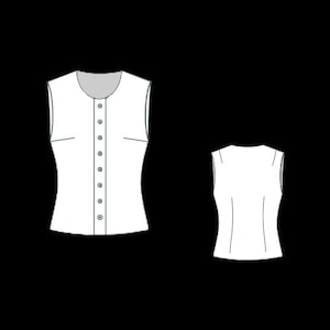 May include: A sleeveless white button-up top with a fitted bodice and a round neckline. The top is shown in both front and back views.