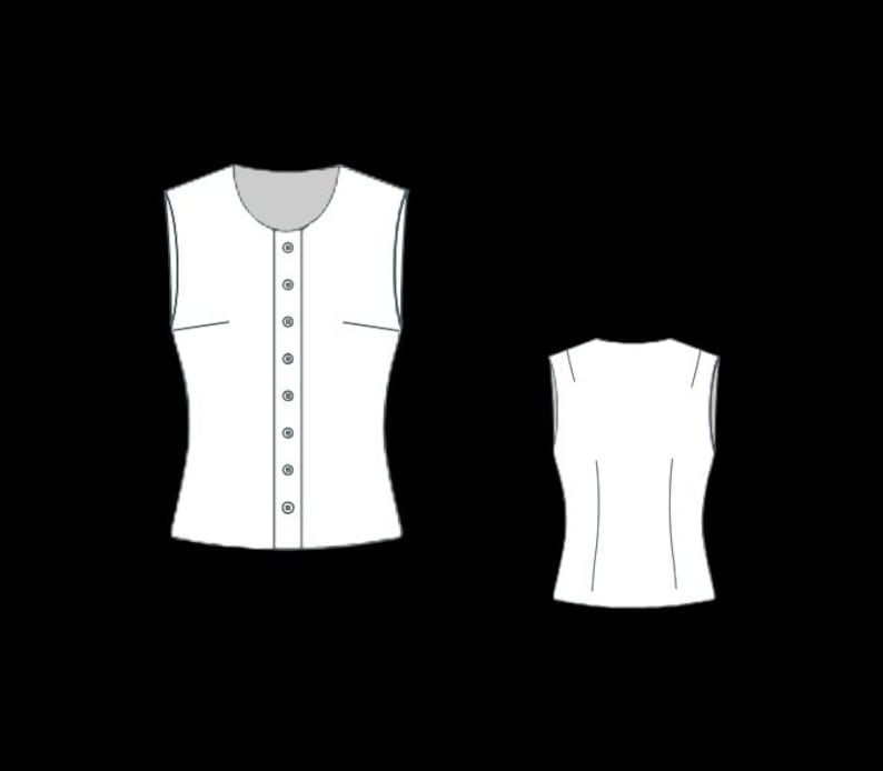 May include: A sleeveless white button-up top with a fitted bodice and a round neckline. The top is shown in both front and back views.