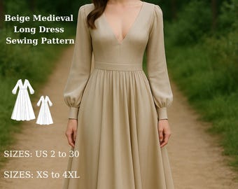 Beige Medieval Dress Sewing Pattern, Renaissance Gown (Digital Download)