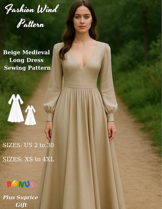 beige medieval dress Women Tunic Dress Medieval Long Dress With Long Sleeves Renaissance Em –  DAZCOS