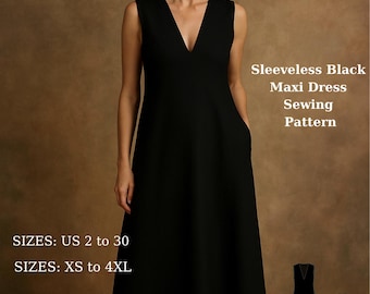 Black Maxi Dress PDF Sewing Pattern: Cottagecore V-Neck (Digital Download)