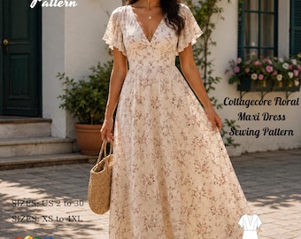 Cottagecore Floral Maxi Dress Sewing Pattern, Boho V Neck Flutter Sleeve (XS-4XL) (PDF Pattern)