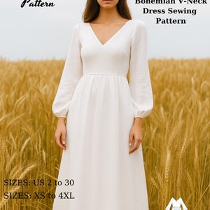 Könnte beinhalten: Eine Frau in einem weißen V-Ausschnitt-Kleid mit langen Ärmeln vor einem Weizenfeld. Das Bild enthält Text: "Fashion Wind Pattern" und "Bohemian V-Neck Dress Sewing Pattern". Kleidermustergrößen sind US 2 bis 30 und XS bis 4XL.