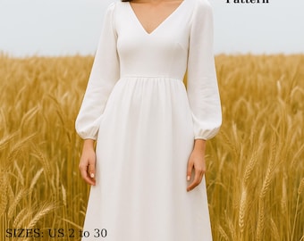 ボヘミアン風マキシドレスの縫製パターン：長袖Vネック（PDFパターン、XS～4XL）