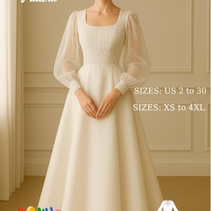 Könnte beinhalten: Ein cremefarbenes Hochzeitskleid mit quadratischem Ausschnitt und langen, transparenten Ärmeln. Das Oberteil hat gestickte Details. Das Bild enthält den Text "Fashion Wind Pattern" und "Modest Wedding Dress PDF Sewing Pattern."