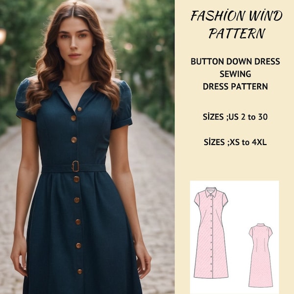 Button Down Dress Sewing Pattern, Cottagecore Dress Sewing Pattern, Button Front Dress, Million Button Dress, XS-4XL