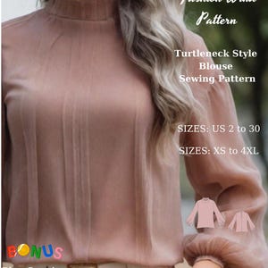 Può includere: Un cartamodello per una blusa con collo alto. Il cartamodello comprende le taglie US 2-30 e XS-4XL. Il cartamodello è mostrato su una modella che indossa una blusa rosa. Il cartamodello include un regalo bonus plus suprice.