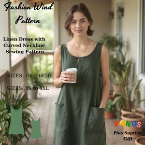 Pode incluir: Um vestido de linho verde com decote curvo e dois bolsos. O vestido é mostrado em uma modelo que segura uma xícara de café. O texto "Fashion Wind Pattern" está no topo da imagem. O texto "Linen Dress with Curved Neckline Sewing Pattern" está abaixo do título. O texto "SIZES: US 2 to 30" e "SIZES: XS to 4XL" estão abaixo da descrição. O texto "BONUS Plus Suprice Gift" está na parte inferior da imagem.