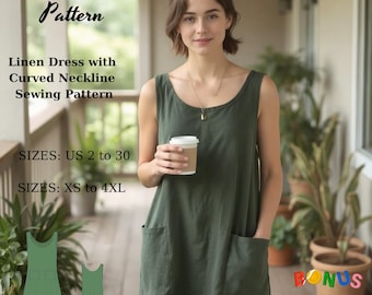 Linen Mini Dress Sewing Pattern: Curved Collar, XS-4XL (Digital Download)