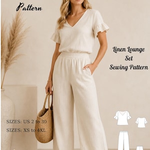 Op de afbeelding: Een naaipatroon voor een beige linnen lounge-set met een V-hals top met korte ruche-mouwen en een wijde broek met elastische tailleband. De tekst bevat Fashion Wind Pattern, Linen Lounge Set Sewing Pattern, SIZES: US 2 to 30, SIZES: XS to 4XL en BONUS Plus Suprice Gift.