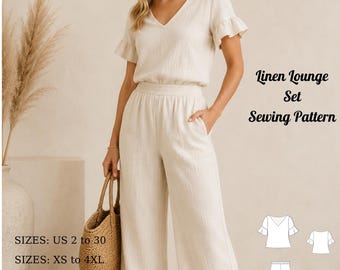 Linen Lounge Set, V Neck Ruffle Sleeve Top and Wide Leg Pants,(Dijital Download)