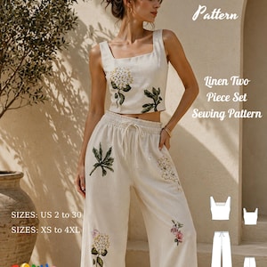 Linen Two Piece Set Sewing Pattern, Crop Top and Wide Leg Pants(Digital Pattern)