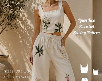 Linen Two Piece Set Sewing Pattern, Crop Top and Wide Leg Pants(Digital Pattern)