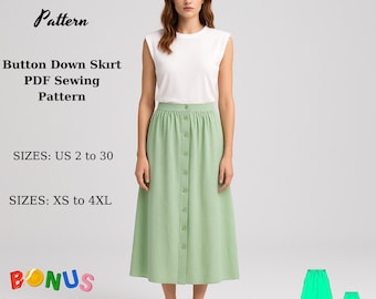 Cottagecore Button Down Midi Skirt Sewing Pattern (PDF Pattern, US 2-30, XS-4XL)