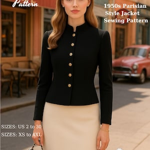 May include: A woman models a black jacket with gold buttons, reminiscent of 1950s Parisian style, paired with a cream skirt. The image features text: "Fashion Wind Cafe Pattern" and "1950s Parisian Style Jacket Sewing Pattern". Sizes: US 2 to 30, XS to 4XL.