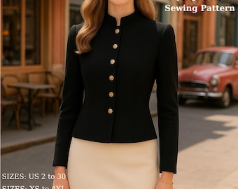1950's Parisian Style Jacket, Elegant Mandarin Collar Black Jacket ,(Digital Download),(Ditto Projector)