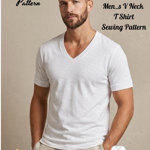 May include: A white V-neck t-shirt with short sleeves. Text on the image reads: Fashion Wind Pattern, Men_s V Neck T Shirt Sewing Pattern, BONUS Plus Suprice Gift. A small diagram of the t-shirt pattern is visible in the bottom right corner.