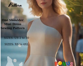 One Shoulder Mini Dress Sewing Pattern: XS-4XL (Digital Download)