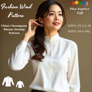 May include: White long-sleeved blouse with a mandarin collar and button fastening. The blouse is made from a lightweight fabric and has a relaxed fit. The image also includes a sewing pattern for the blouse, with sizes ranging from UK 6 to 24 and XS to 4XL.