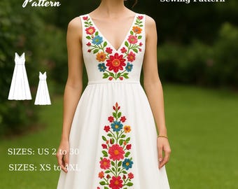 Embroidered Mexican Maxi Dress Sewing Pattern: Boho Floral Fiesta Outfit (PDF Pattern, XS-4XL)