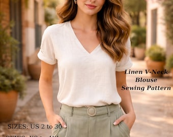 Linen V-Neck Blouse Sewing PatternVintage Short Sleeve Top (Sizes XS-4XL) (PDF Pattern,Dijital Download)