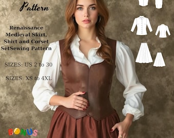 Renaissance Dress Sewing Pattern: Medieval Skirt, Corset, Shirt (US 2-30) (Digital Download)