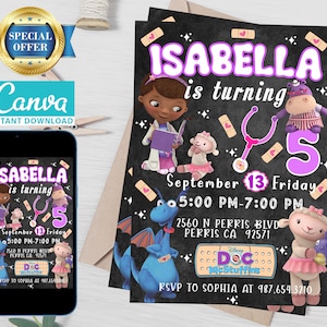 May include: A printable invitation for a Doc McStuffins themed birthday party. The invitation is designed to look like a chalkboard with a purple and pink number 5, the text "Isabella is turning 5", and a date and time. The invitation features Doc McStuffins, Lambie, and Stuffy.