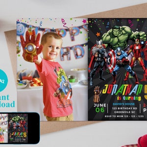 Modelo de convite de aniversário com foto editável, convites para festa de aniversário para impressão, convite digital para festa, cartão de aniversário para download instantâneo