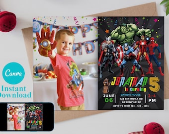 Editable Superhero Birthday Invitation Template, Printable Party Invite (Digital Download)