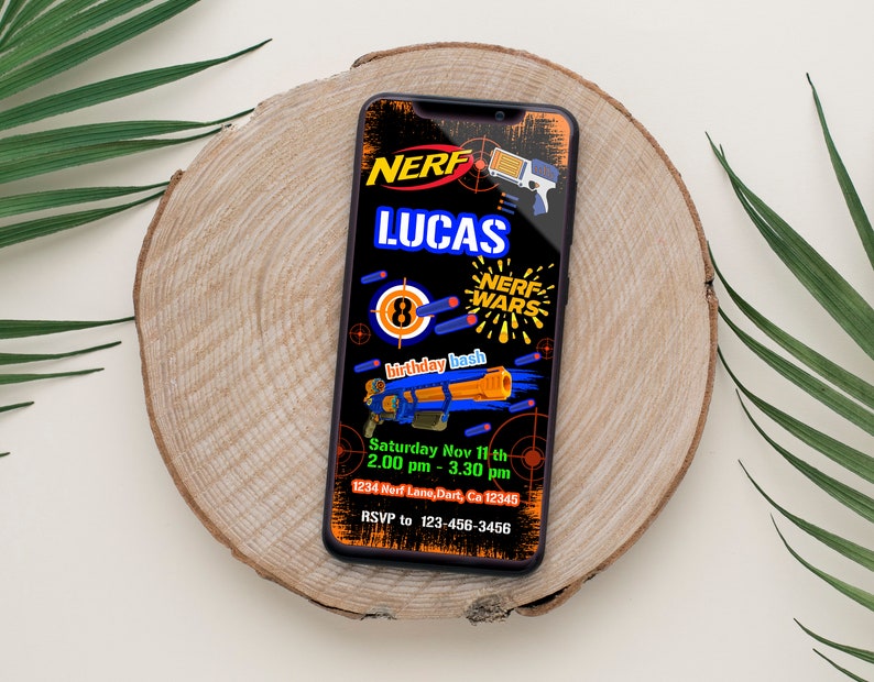 May include: A digital invitation for an 8th birthday party with a Nerf Wars theme. The invitation features a black background with a blue and orange Nerf gun, a target, and the text "NERF WARS" in a yellow and red font. The invitation also includes the text "Lucas" in a blue font and the date and time of the party.