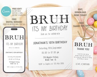 Editable Bruh Birthday Invitation Template, Printable Party Invite (Digital)
