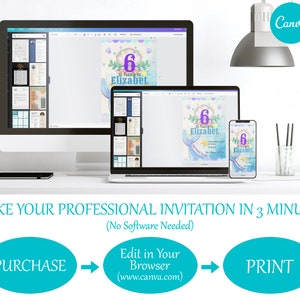 May include: A digital illustration of a mermaid-themed birthday invitation for a 6-year-old girl named Elizabeth. The invitation is designed in Canva and can be edited and printed online. The invitation features a mermaid tail, seashells, and stars in shades of purple, blue, and gold.