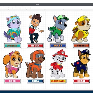 Puede incluir: Un conjunto de ocho personajes de la Patrulla Canina, incluyendo Everest, Ryder, Rocky, Rubble, Skye, Zuma, Marshall y Chase. Cada personaje est&aacute; representado en sus colores y poses caracter&iacute;sticos, con sus nombres impresos debajo.