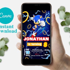 May include: A blue and yellow Sonic the Hedgehog birthday invitation with the text "JONATHAN is turning 8" and details for a party on September 12, 2023, from 3:00 to 5:00 PM. RSVP to Marissa at 123-456-7890.