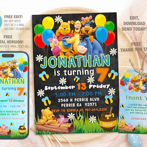 Editable Winnie The Pooh Birthday Invitation Template, Printable Birthday Party Invitations, Digital Kids Party Invite, Evite Bday Card