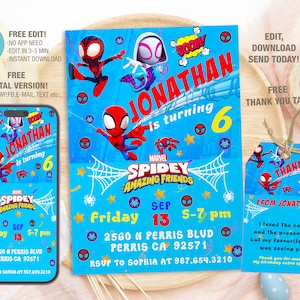 Modelo editável de convite de aniversário do Aranha e seus amigos incríveis, convites para festa de aniversário para impressão, cartão de aniversário digital para crianças