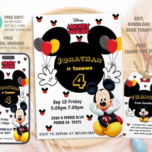 Puede incluir: Invitación de cumpleaños imprimible de Mickey Mouse con una cabeza de Mickey Mouse negra y roja, globos y el texto "Jonathan cumple 4 años". La invitación incluye la fecha, la hora y el lugar de la fiesta. También hay una etiqueta de agradecimiento a juego con una imagen de Mickey Mouse más pequeña y el texto "Gracias de parte de Jonathan".