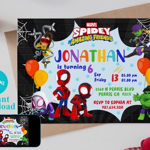 Modelo editável de convite de aniversário do Aranha e seus amigos incríveis, convites para festa de aniversário para impressão, cartão de aniversário digital para crianças