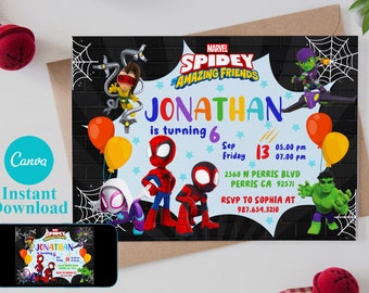 編集可能なスパイダーマンと仲間たちの誕生日招待状テンプレート（デジタル版）