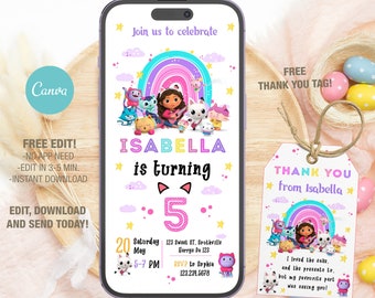 Editable Mobile Gabbys Dollhouse Birthday Invitation Template, Birthday Party Invitations, Digital Kids Party Invite, Evite Bday Card