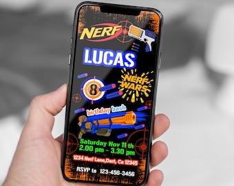 Plantilla editable para invitación de cumpleaños con temática de Nerf (Invitación digital)