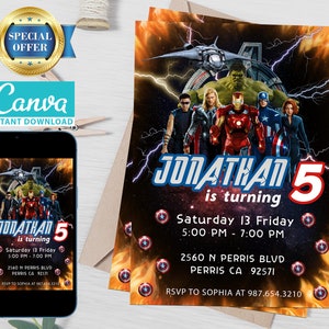Kids Editable Avengers Birthday Invitation Template, Printable Superhero Birthday Party Invitations, Boys Digital Kids Party Invite Template