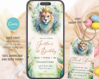 Editable Lion Birthday Invitation Template, Printable Birthday Party Invitations, Digital Kids Party Invite Bday Card